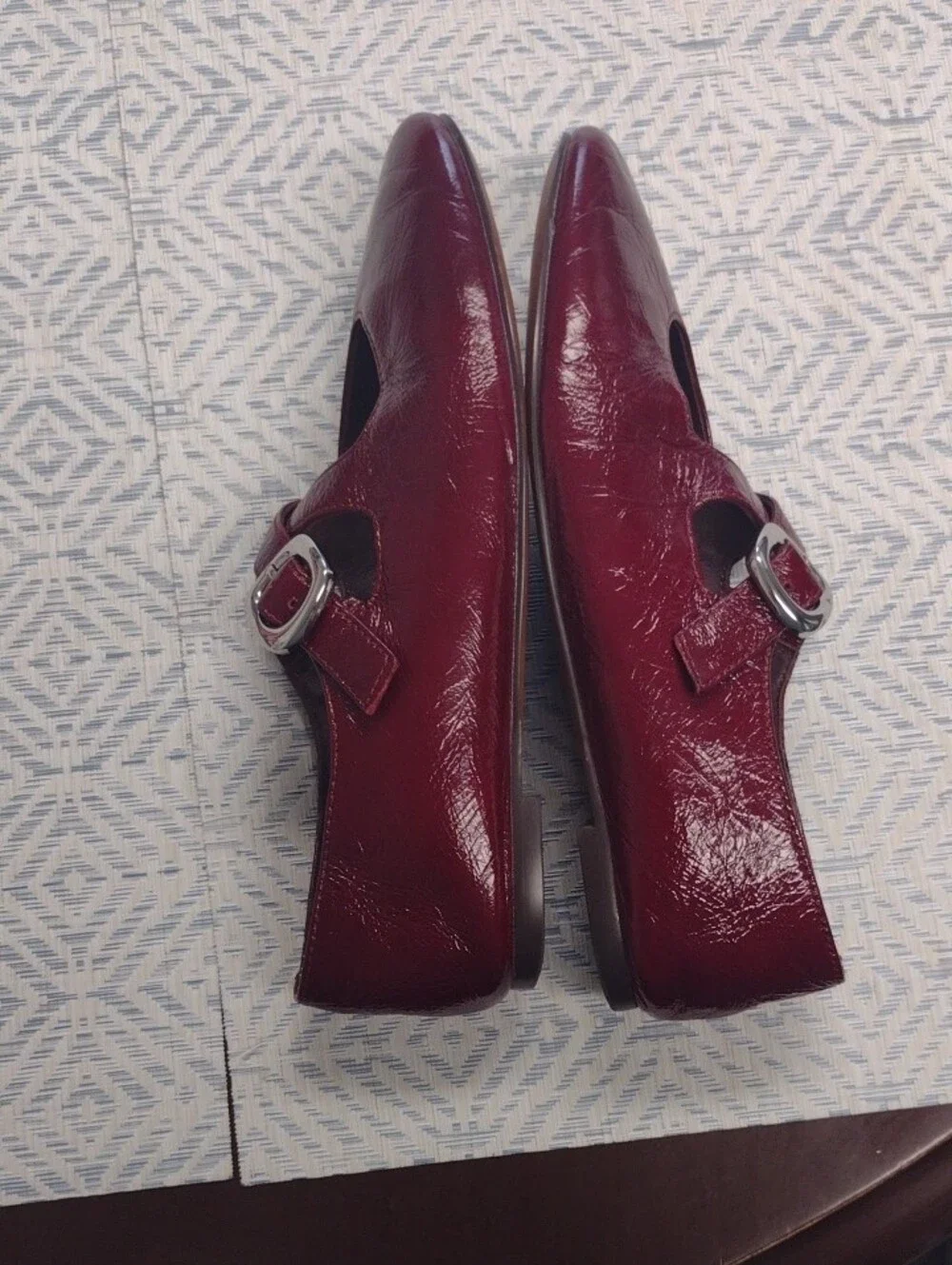 Women's Burgundy Mary Jane Flats with Decorative Buckle